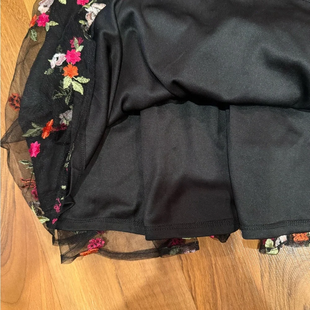 Lulus black mini embroidered sheer‎ overlay dress floral small EUC wedding